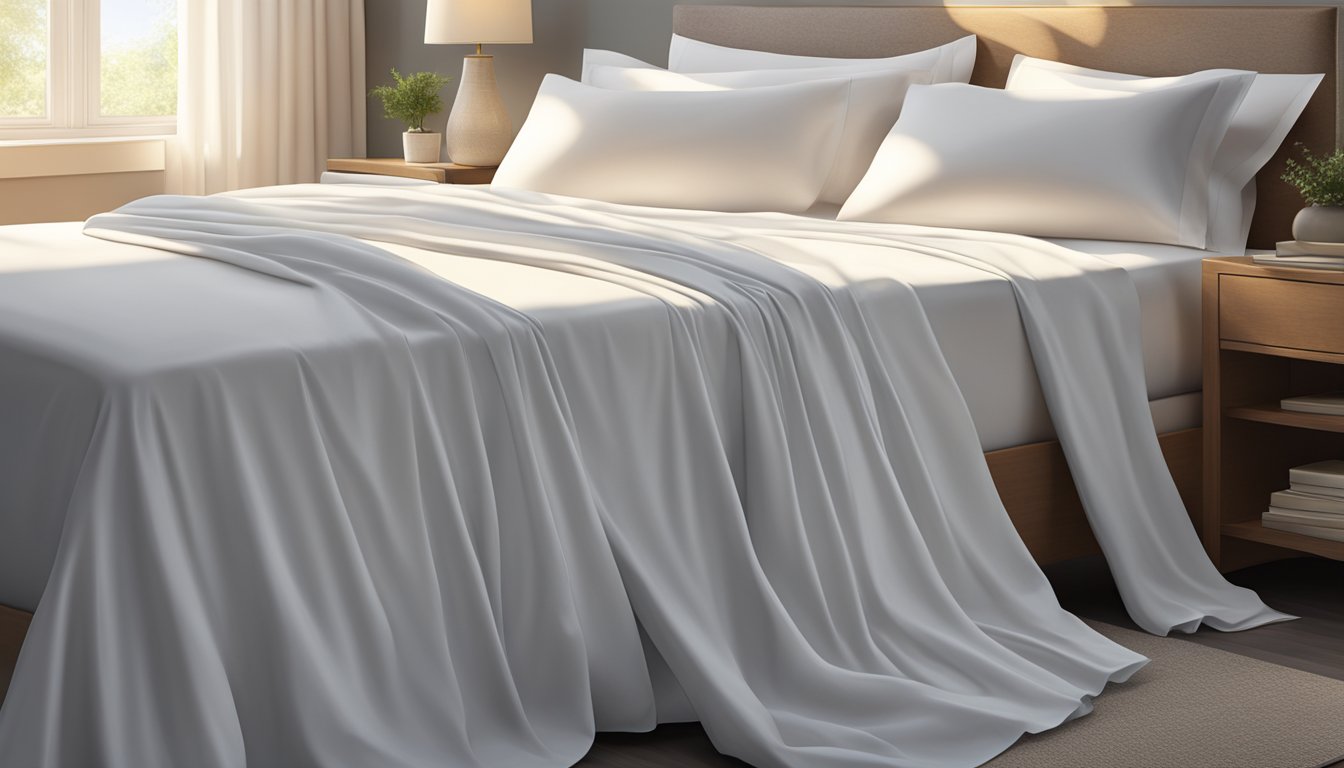 Crisp white cotton bed sheets draped over a neatly made bed, with a hint of morning sunlight streaming through the window