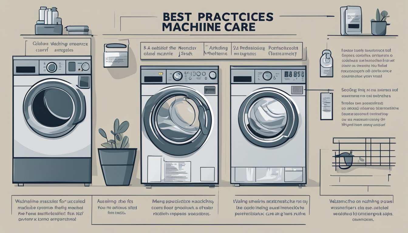 A washing machine with "Best Practices for Machine Care" signs displayed prominently. The signs include instructions for proper use and maintenance