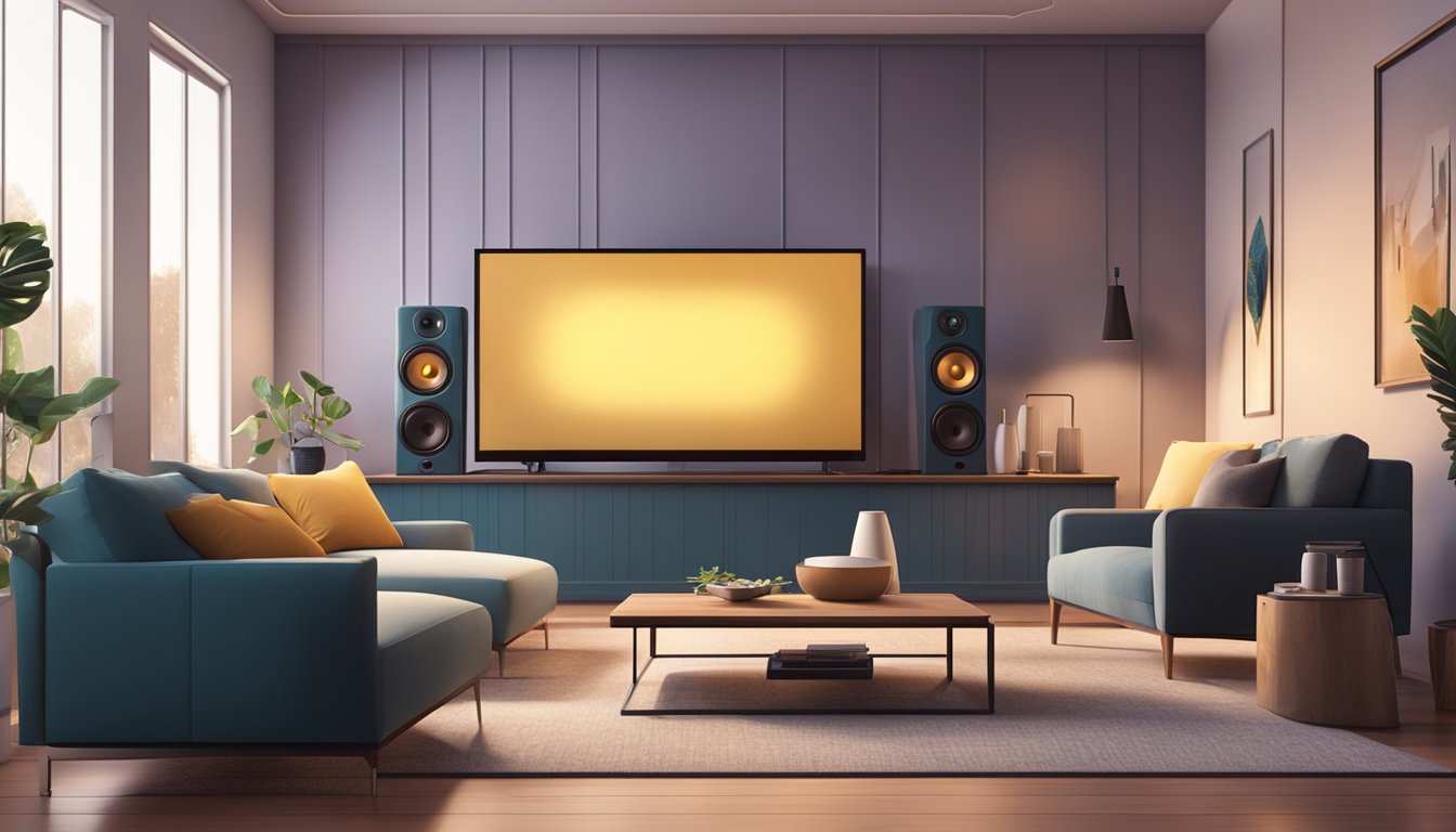 A cozy entertainment room with a large screen TV, comfortable seating, surround sound speakers, and ambient lighting for a cinematic experience