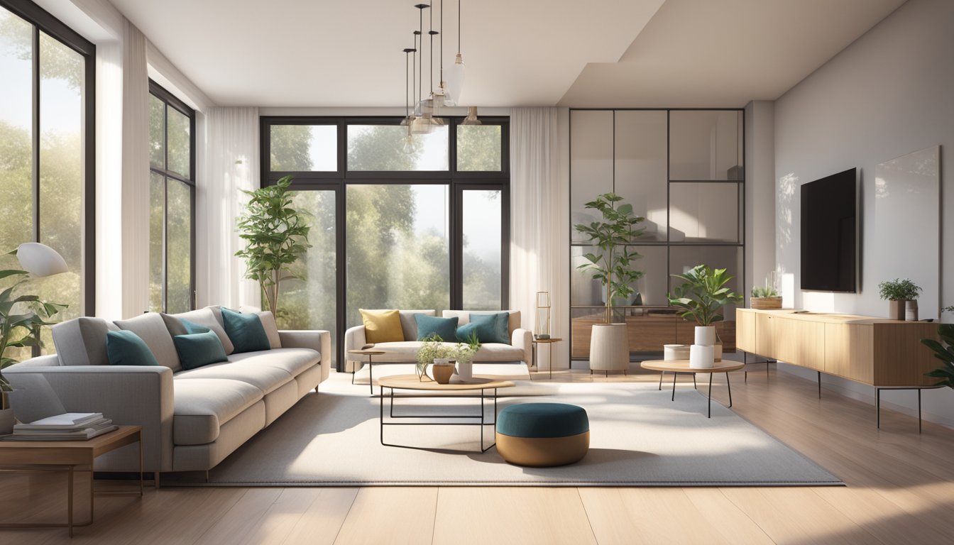 A modern living room with minimalist furniture, neutral colors, and natural light streaming in through large windows