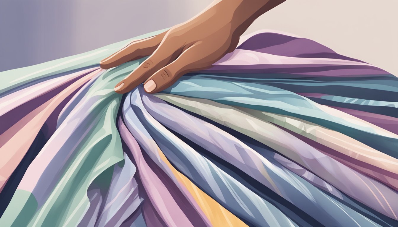 A hand reaching out to touch a stack of soft, luxurious cotton bed sheets in various colors and patterns