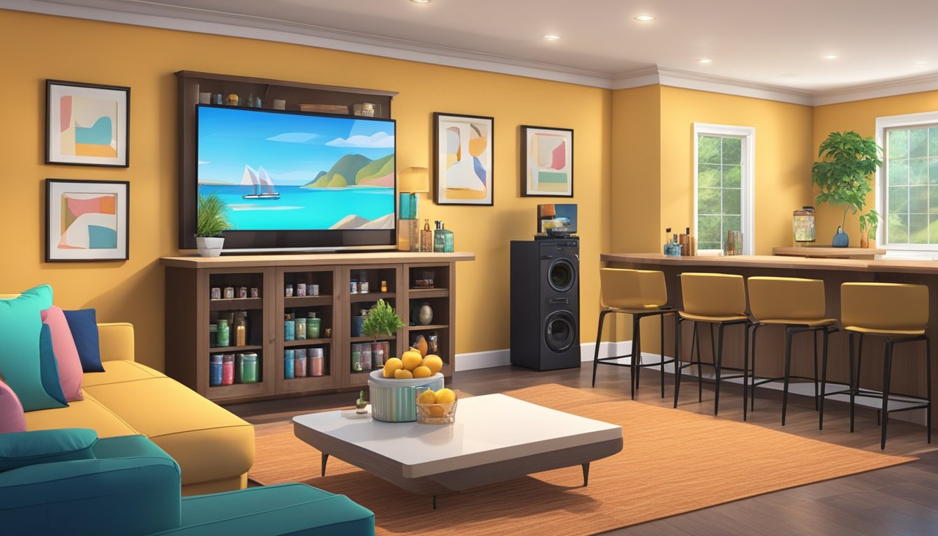 An entertainment room with a large TV, comfortable seating, and storage for games and movies. A bar area with a mini-fridge and shelves for glasses. Bright lighting and colorful decor create a welcoming atmosphere