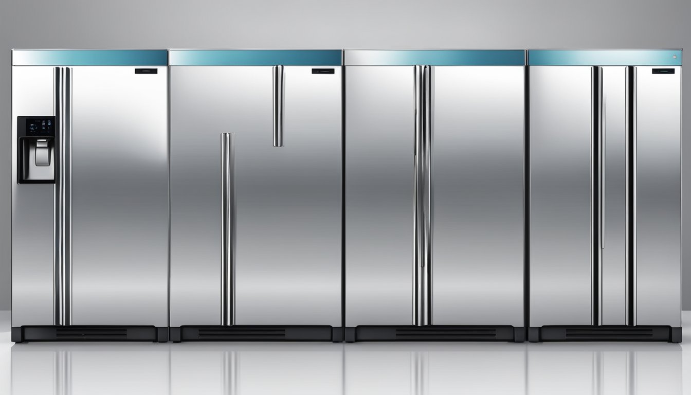 A row of single door refrigerators in various sizes lined up against a white wall