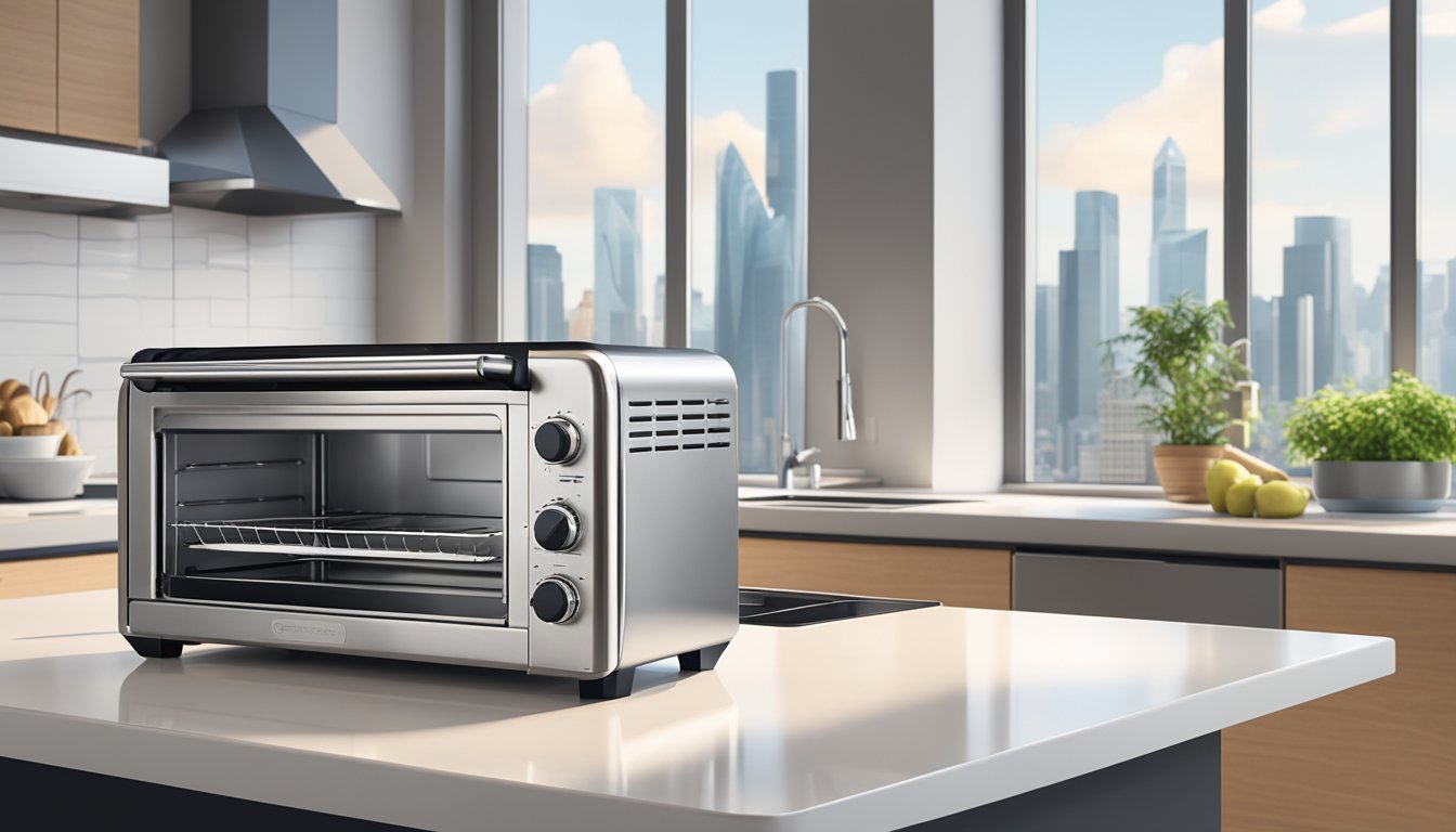 A sleek toaster oven sits on a modern kitchen countertop in a well-lit Singaporean apartment, surrounded by stainless steel appliances and a backdrop of city skyline through the window