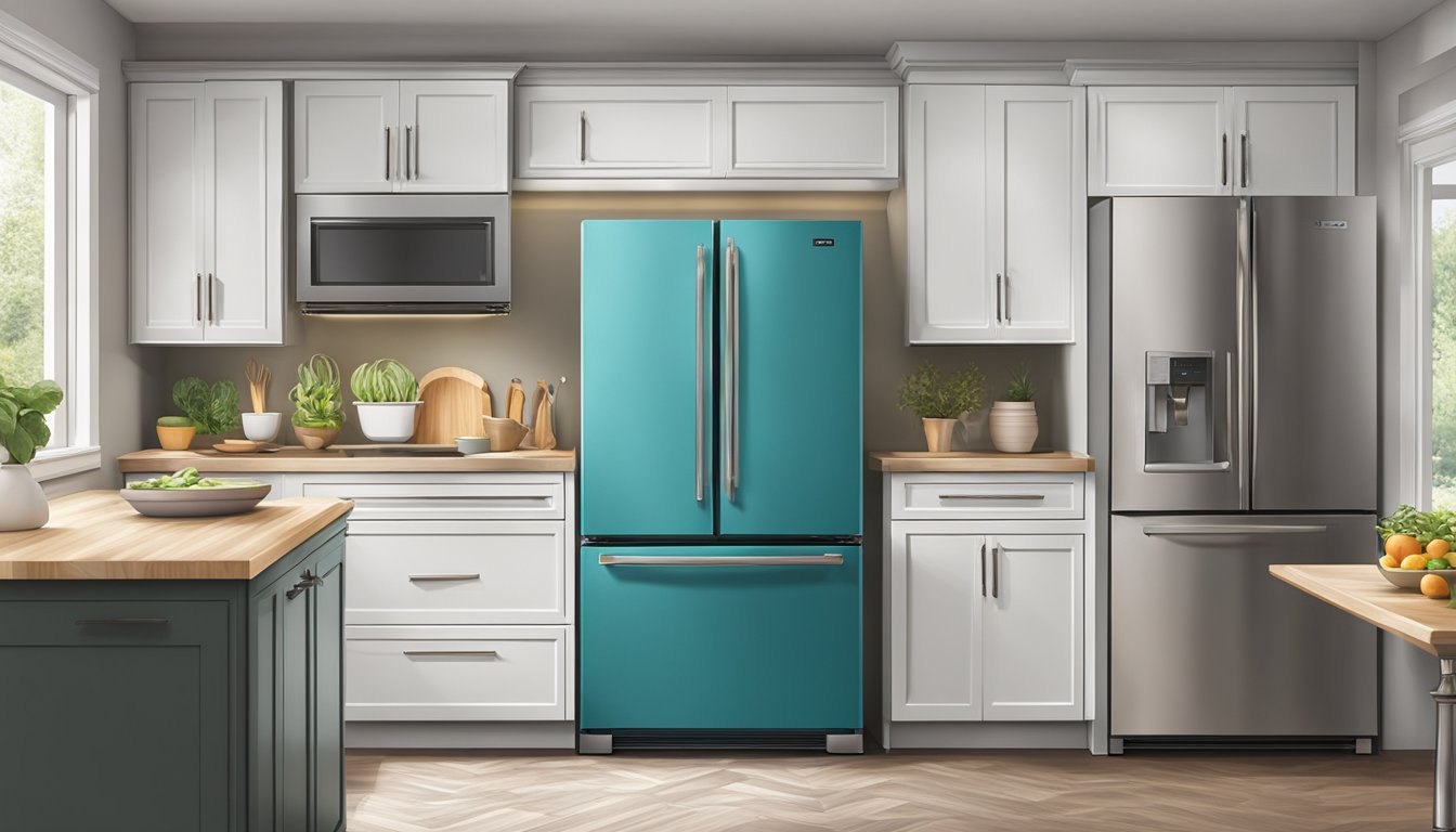 A single door refrigerator stands in a kitchen, its dimensions evident in comparison to nearby appliances and cabinetry