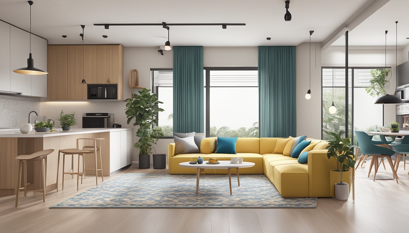 A modern HDB flat with sleek furniture, clean lines, and pops of color. The living room features a cozy sofa, a minimalist coffee table, and a statement rug. The kitchen is equipped with modern appliances and a stylish dining area