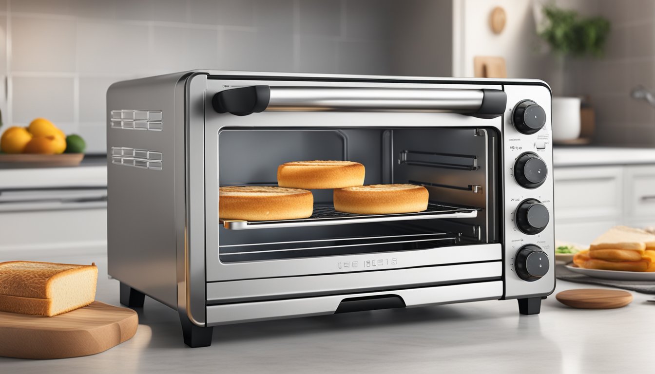 A toaster oven with digital controls, interior light, and multiple cooking functions on a kitchen counter