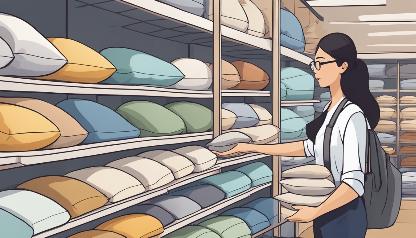 A person examines various pillows labeled "Best for Neck Support" in a Singapore store, comparing sizes, shapes, and materials