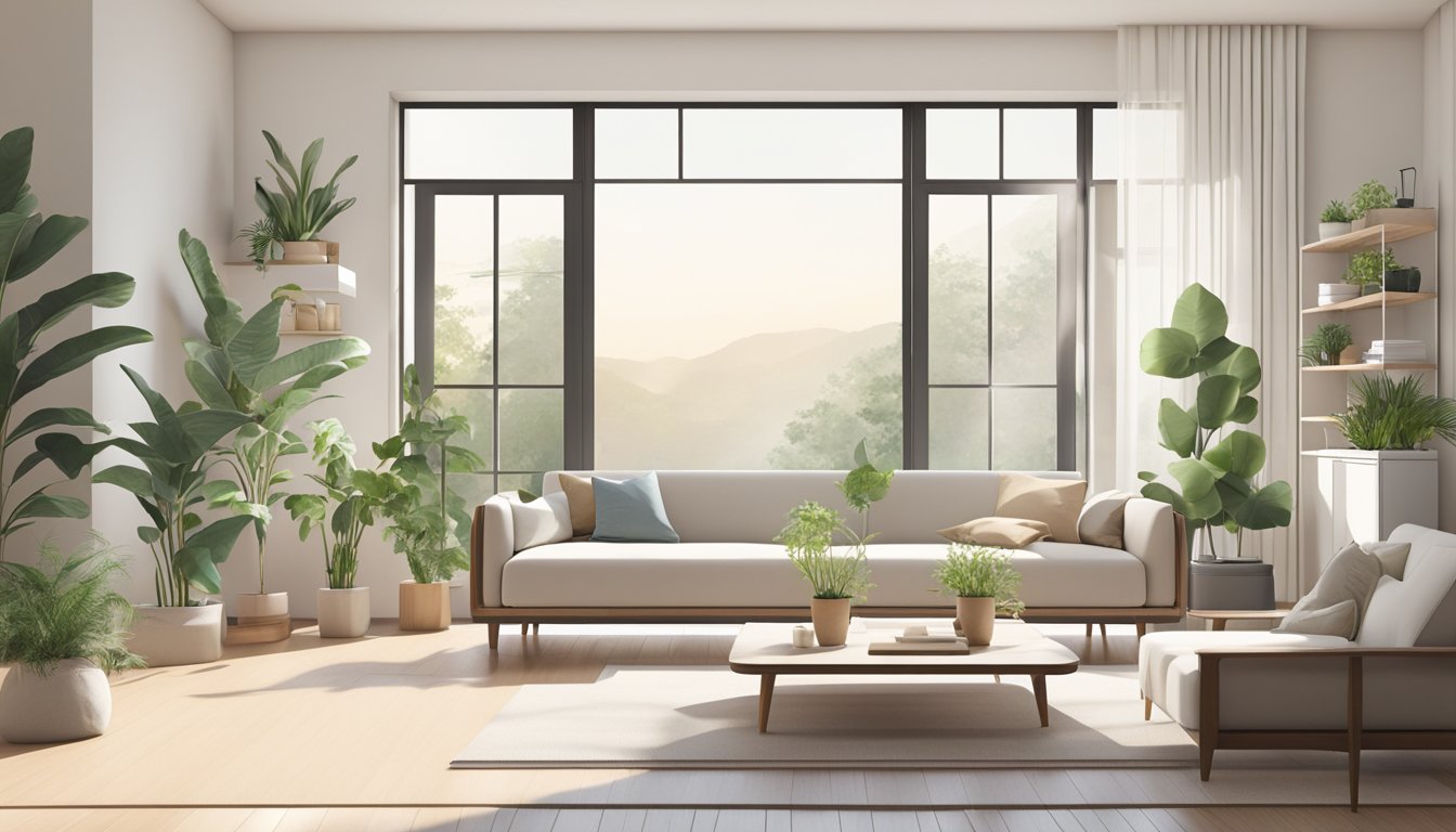 A modern, minimalist flat interior with clean lines, neutral colors, and functional furniture. A large window provides ample natural light, and potted plants add a touch of greenery