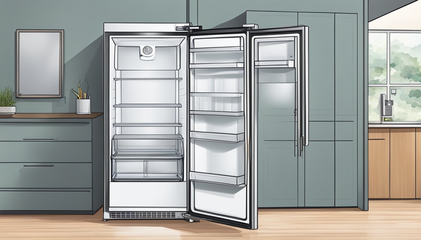 A single door refrigerator is being installed and maintained, with measurements and space considerations being carefully observed