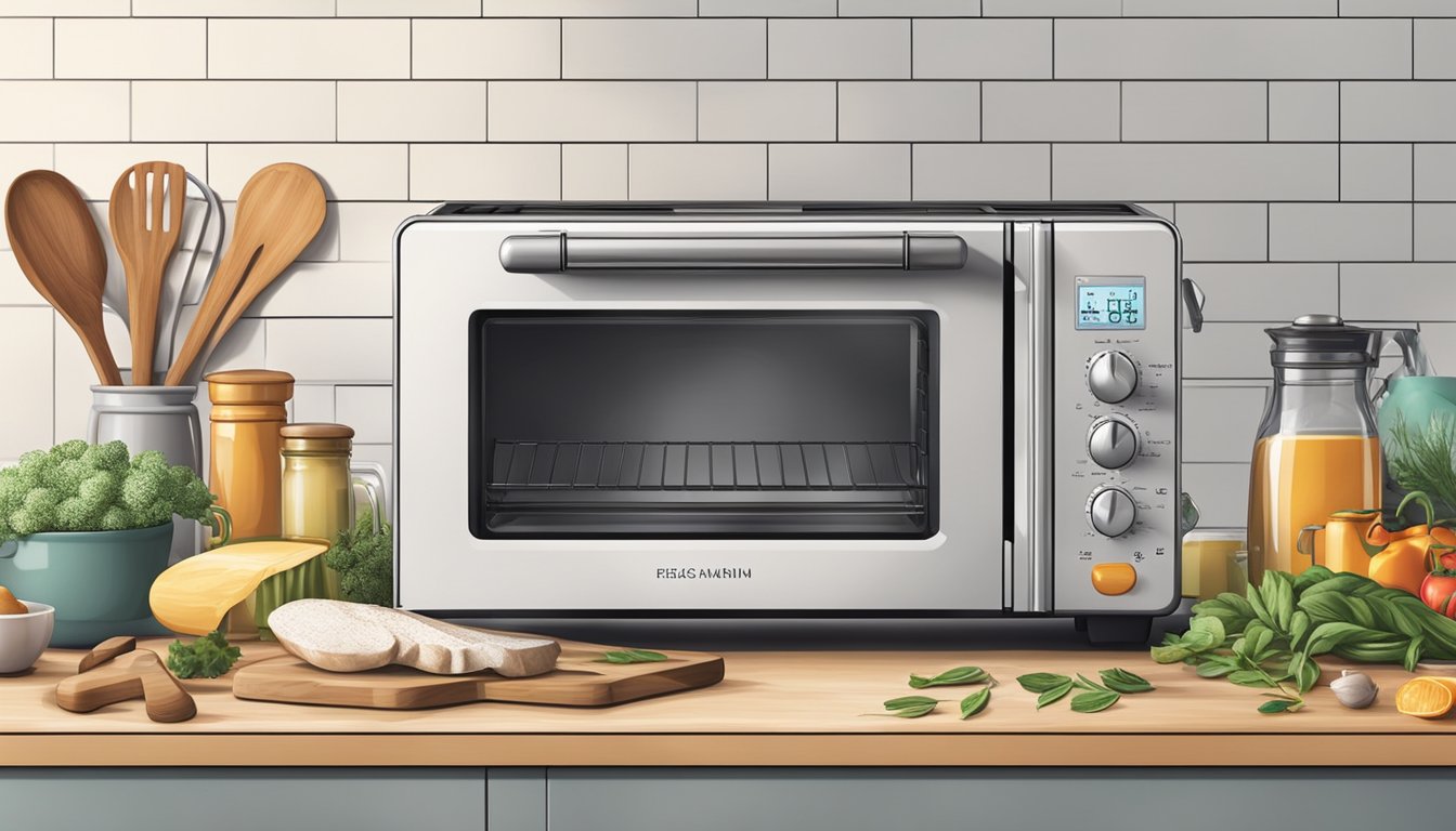 A modern kitchen countertop with a sleek toaster oven, surrounded by various kitchen utensils and ingredients