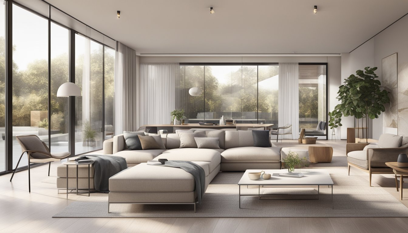 A sleek, open-concept living room with clean lines, neutral colors, and minimalistic furniture. Large windows allow natural light to fill the space, highlighting the sleek, polished surfaces and creating a sense of airy sophistication