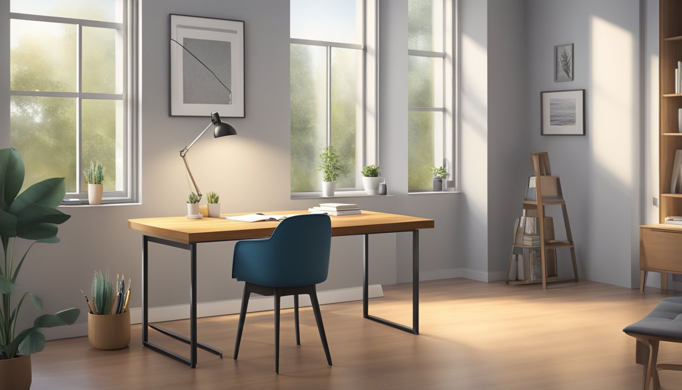 A 90cm study table with a wooden surface and metal legs, positioned in a well-lit room with a chair placed beside it