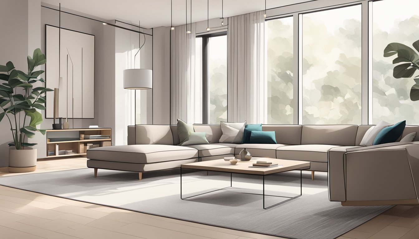 A sleek, minimalist living room with clean lines, neutral colors, and geometric shapes. A large, open space with natural light and modern furniture