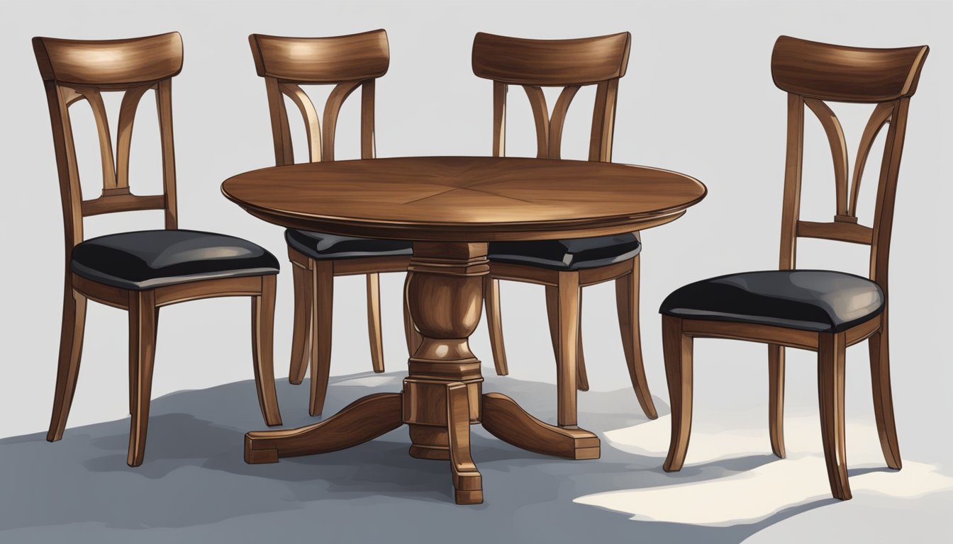 Four walnut chairs arranged in a circle around a small table. The chairs have curved backs and are polished to a shine