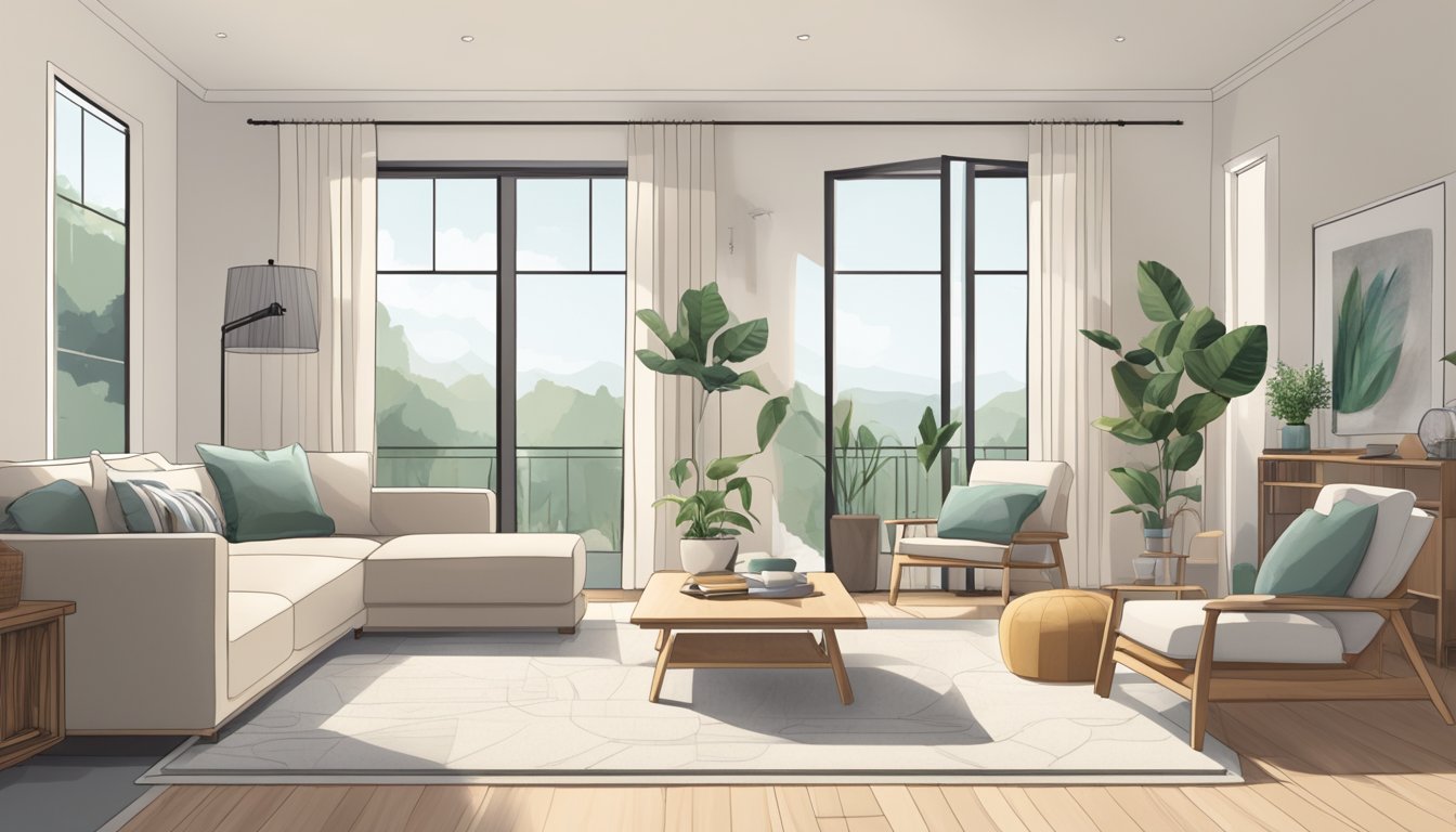 A spacious, bright living room with clean lines, neutral colors, and natural materials. Simple furniture, uncluttered surfaces, and plenty of natural light