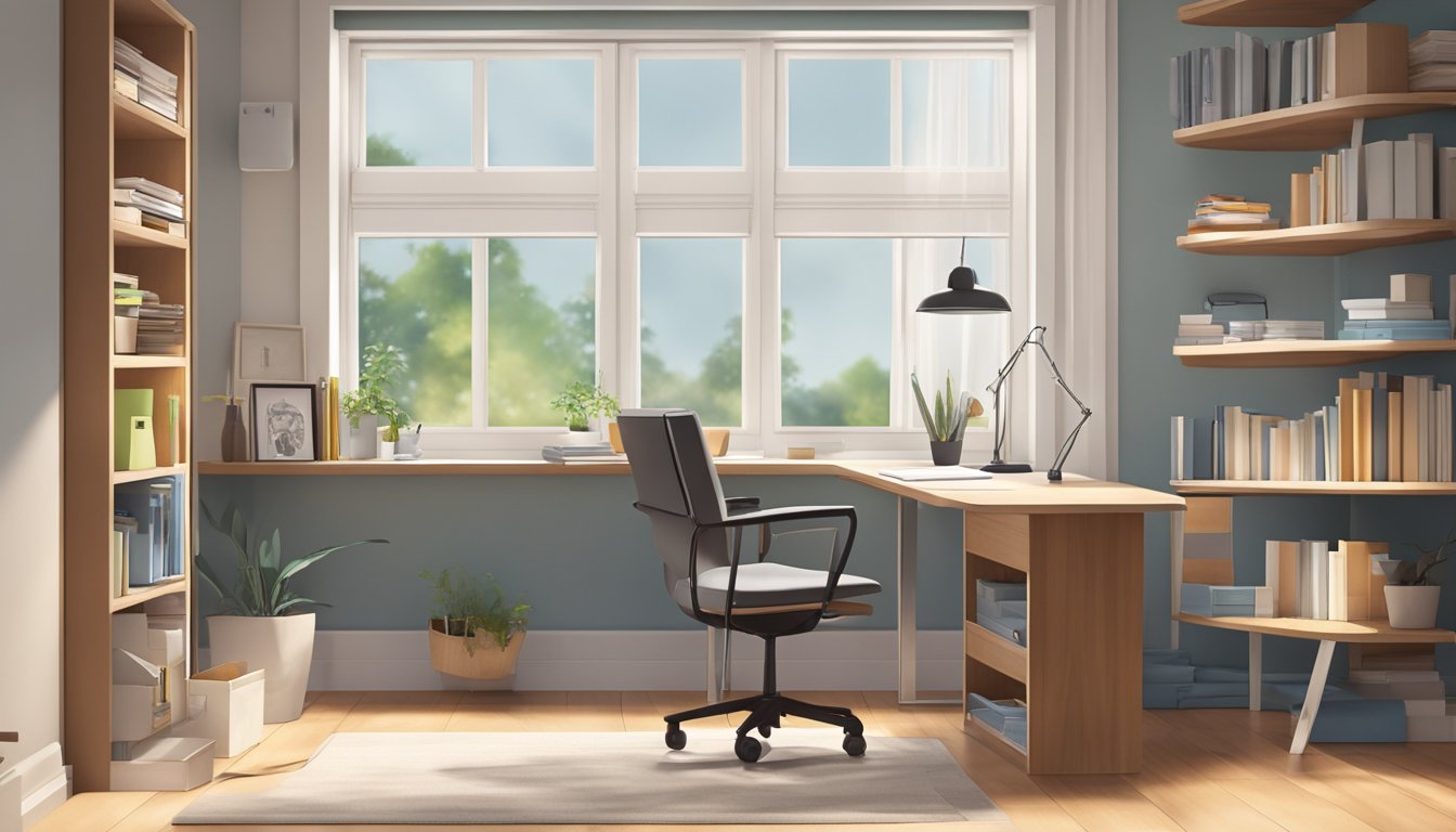 A 90cm study table with organized shelves, a comfortable chair, and ample natural light from a nearby window