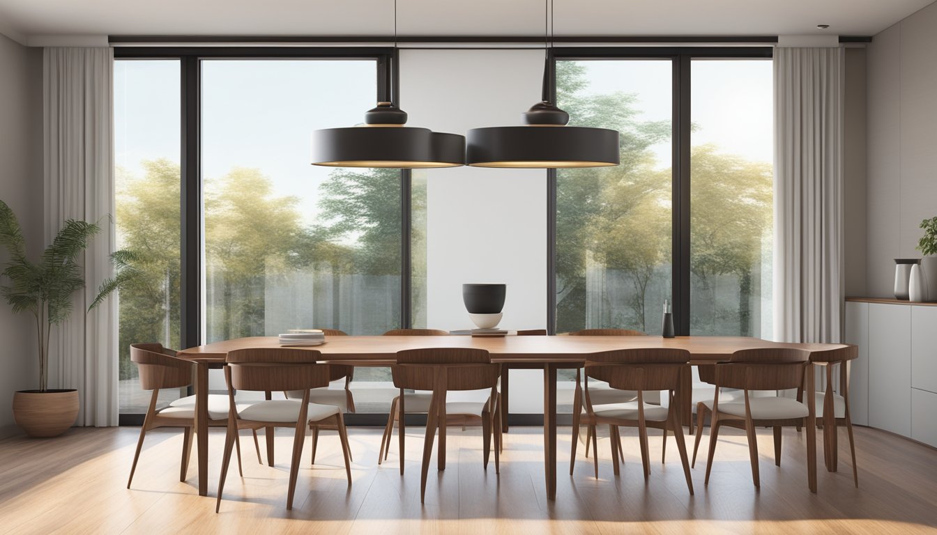 Four sleek walnut chairs arranged around a modern table in a minimalist dining room with clean lines and natural light