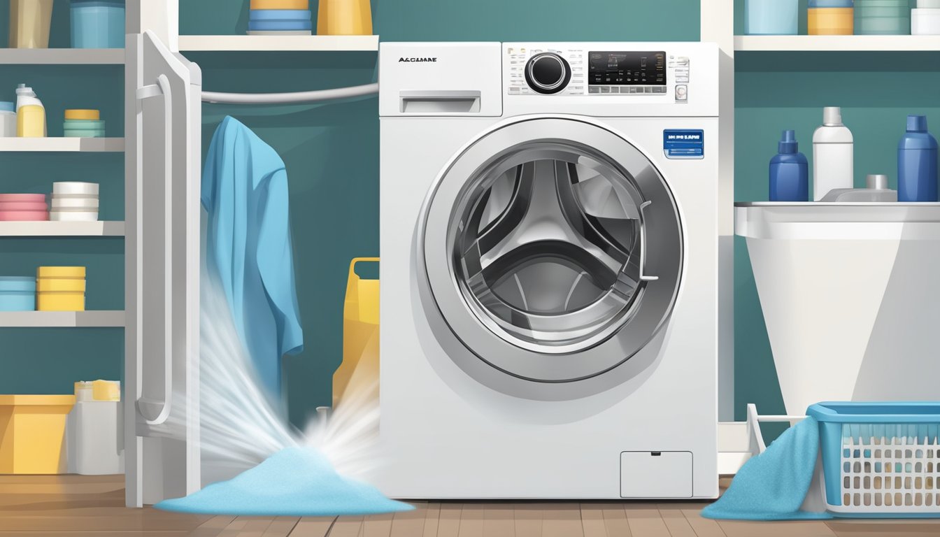 A front load washing machine being cleaned with a specialized cleaner, with focus on the detergent dispenser and rubber seal