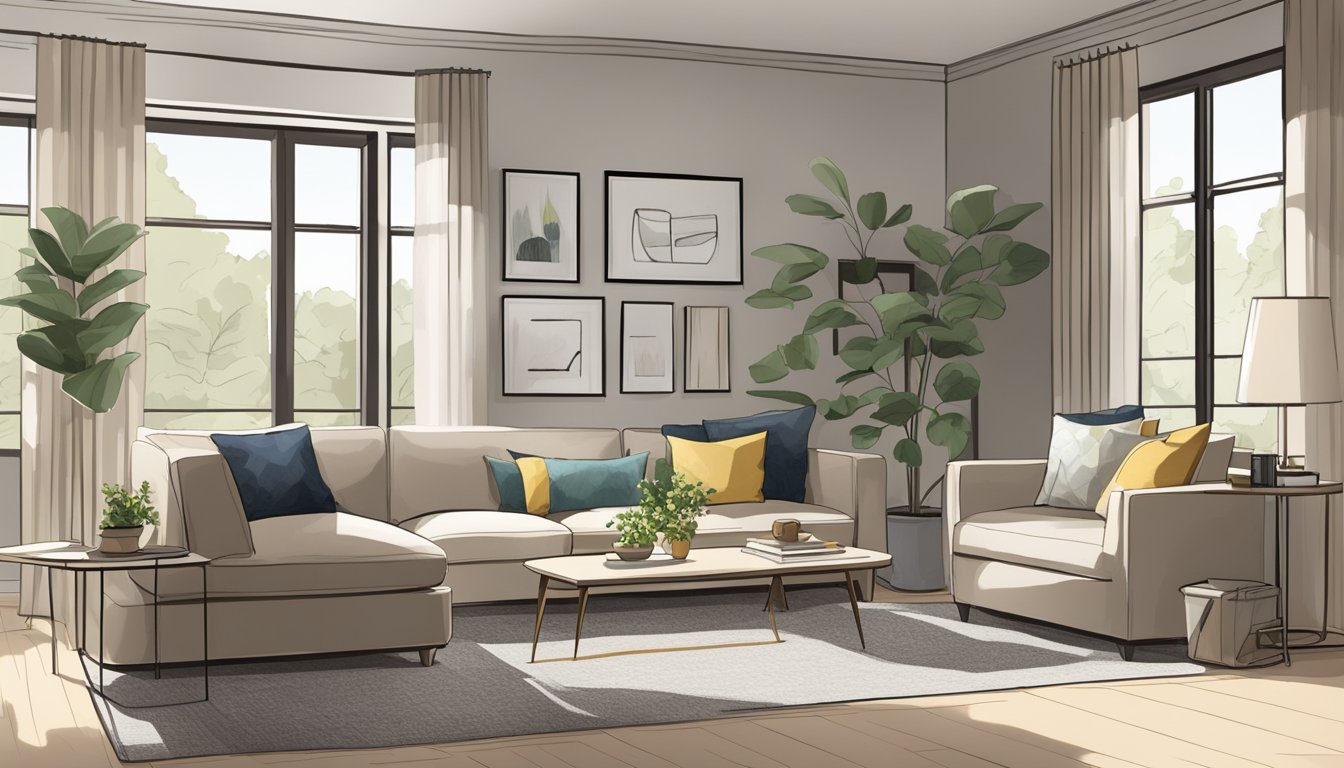 A spacious living room with clean lines, neutral colors, and natural light. Simple furniture, uncluttered surfaces, and a focus on functionality