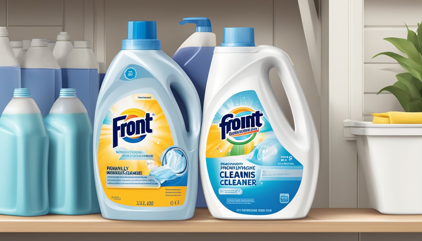 A bottle of front load washing machine cleaner sits on a shelf, surrounded by laundry detergent and fabric softener. The label prominently displays "Frequently Asked Questions" for easy reference