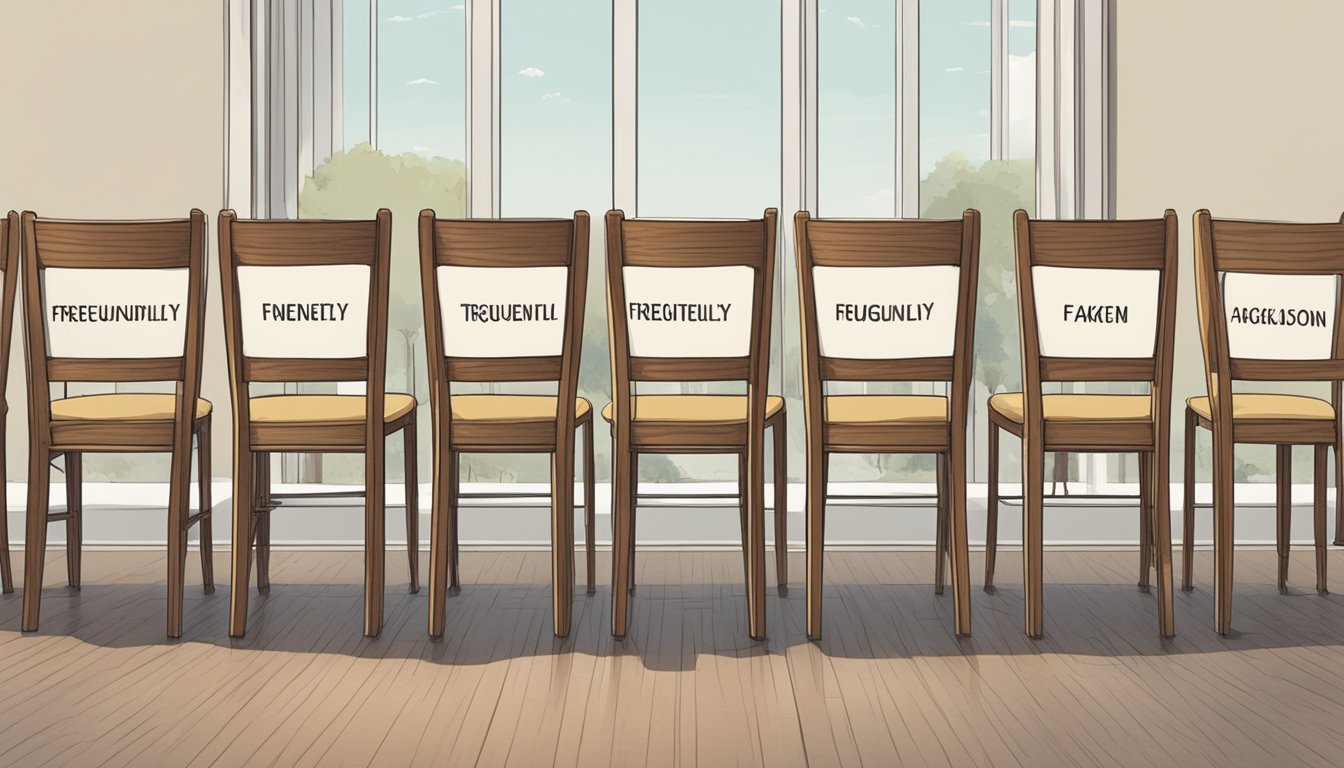 A row of walnut chairs arranged neatly in a well-lit room, with a sign reading "Frequently Asked Questions" displayed prominently