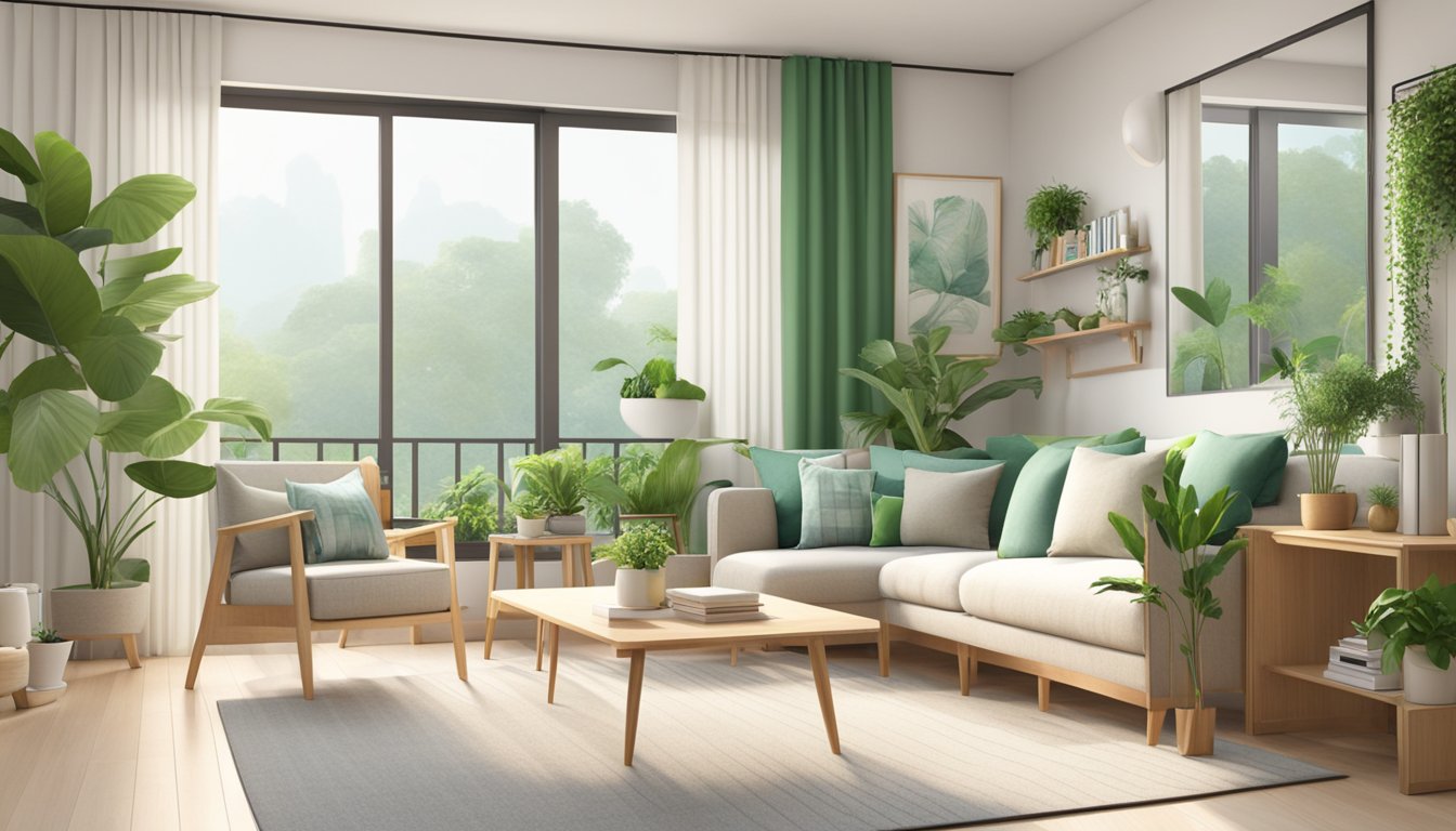 A bright, airy HDB living room with clean lines, light wood furniture, and cozy textiles. A pop of green from potted plants adds a touch of nature