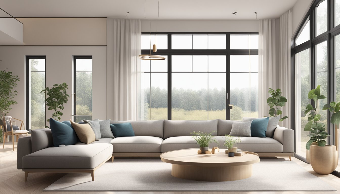 A spacious living room with clean lines, neutral colors, and minimal furniture. Large windows let in natural light, showcasing the simplicity of the Scandinavian design