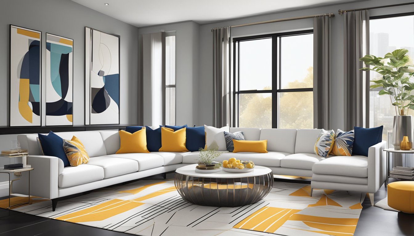 Sleek furniture, clean lines, and minimalistic decor create a modern contemporary interior. Metallic accents, geometric patterns, and bold pops of color add interest