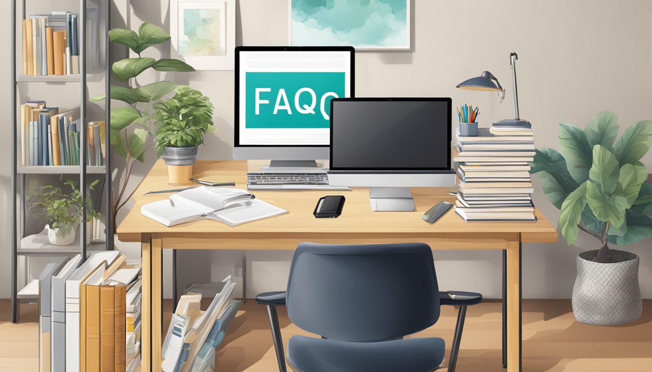 A 90cm study table with FAQ printed on it, surrounded by books and a laptop