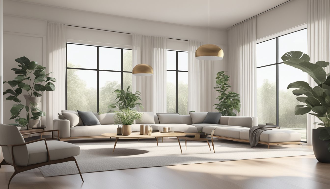 A sleek, minimalist living room with clean lines, neutral color palette, and statement furniture pieces. Large windows allow natural light to fill the space, while indoor plants add a touch of greenery