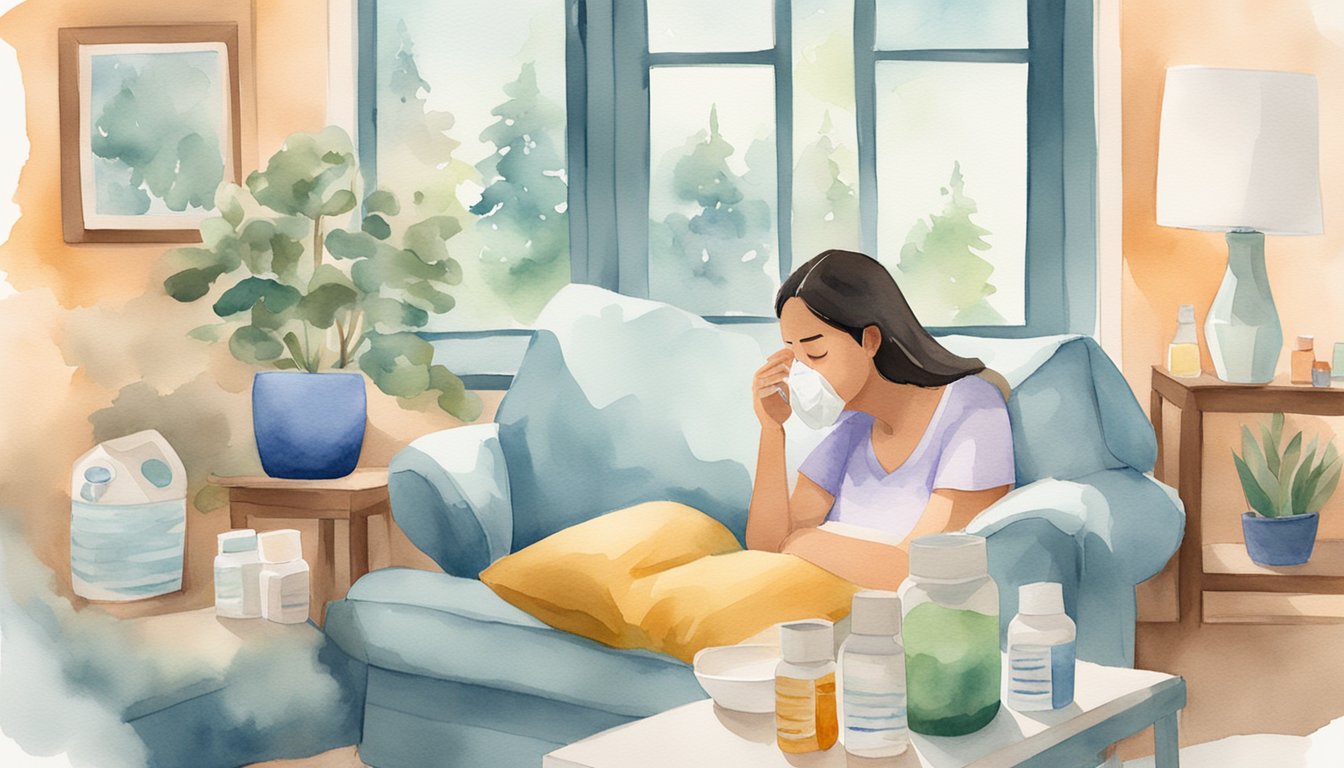 A person with asthma struggles to breathe, holding a tissue to a stuffy nose, surrounded by medication and a humidifier in a cozy home setting