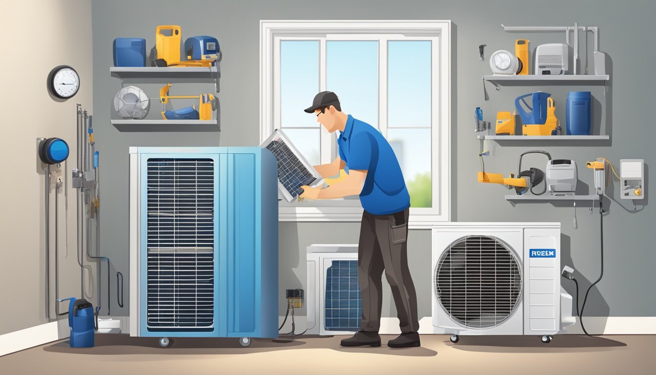 A technician installs an air conditioning unit, surrounded by various tools and equipment. The price tag is visible on the unit