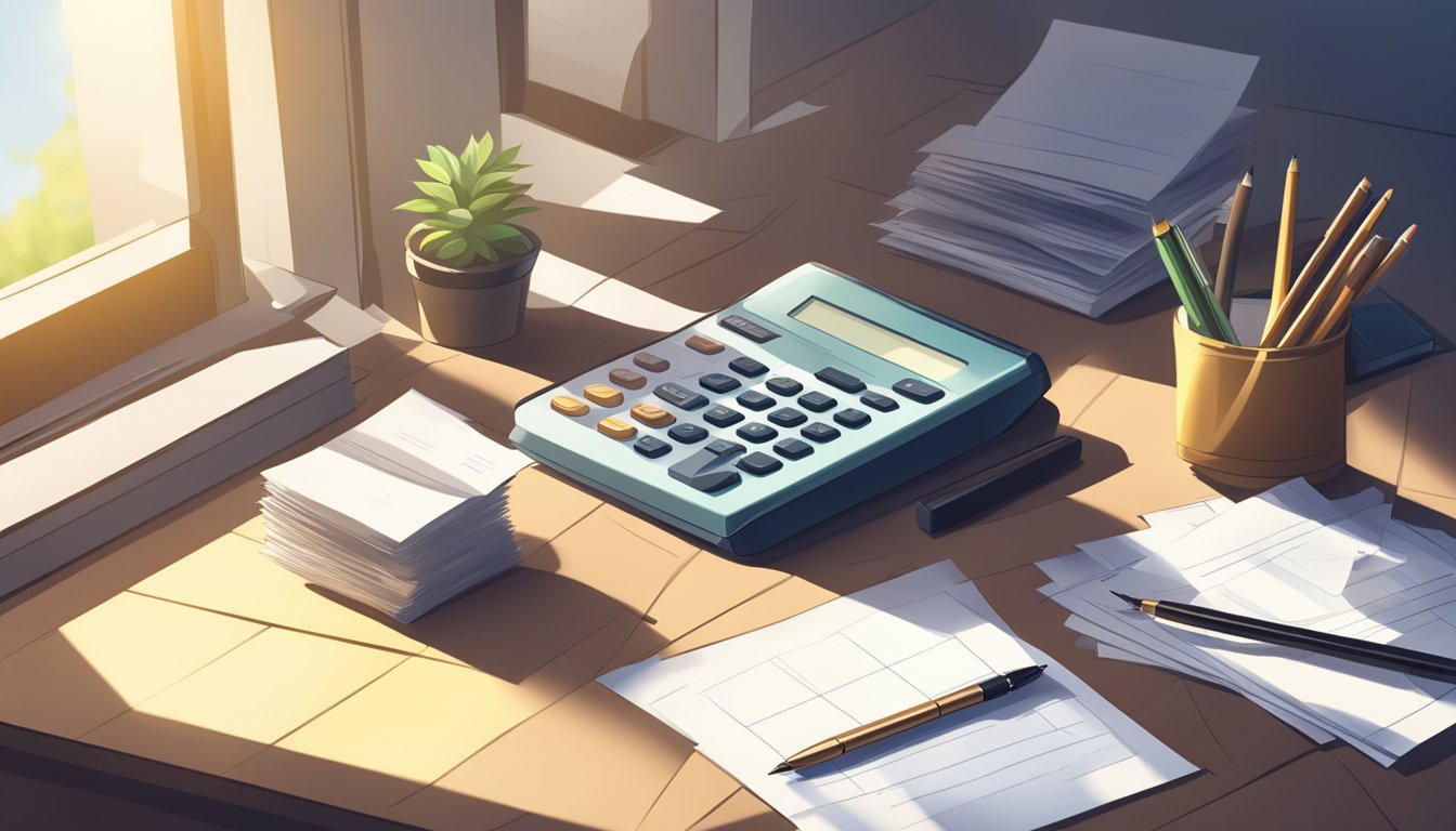 A desk with a pen, paper, and envelope. A stack of bills and a calculator nearby. Sunlight streaming in through a window