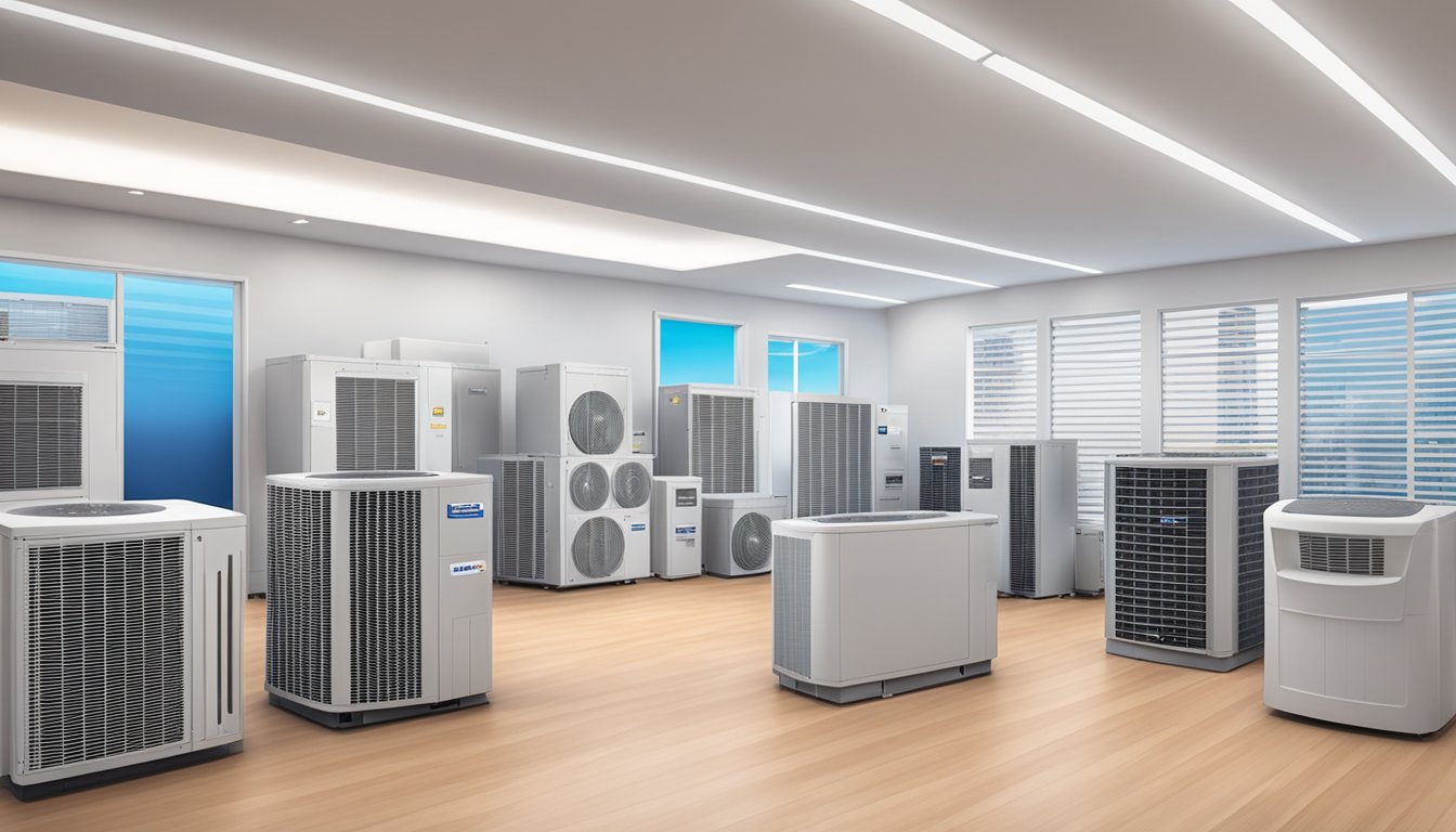 Various top air conditioning brands displayed with corresponding prices in a spacious showroom