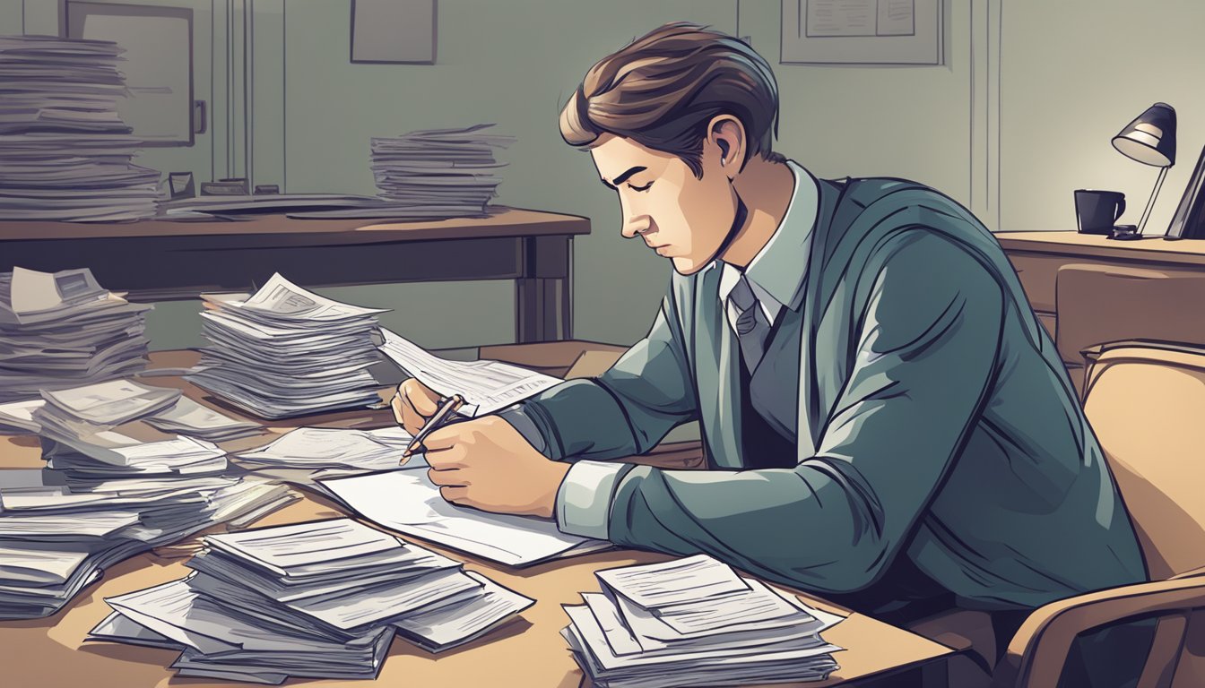 A person sitting at a desk, writing a letter with a pen. A stack of bills and financial documents are scattered on the table. The person has a concerned expression as they carefully craft their request for financial assistance