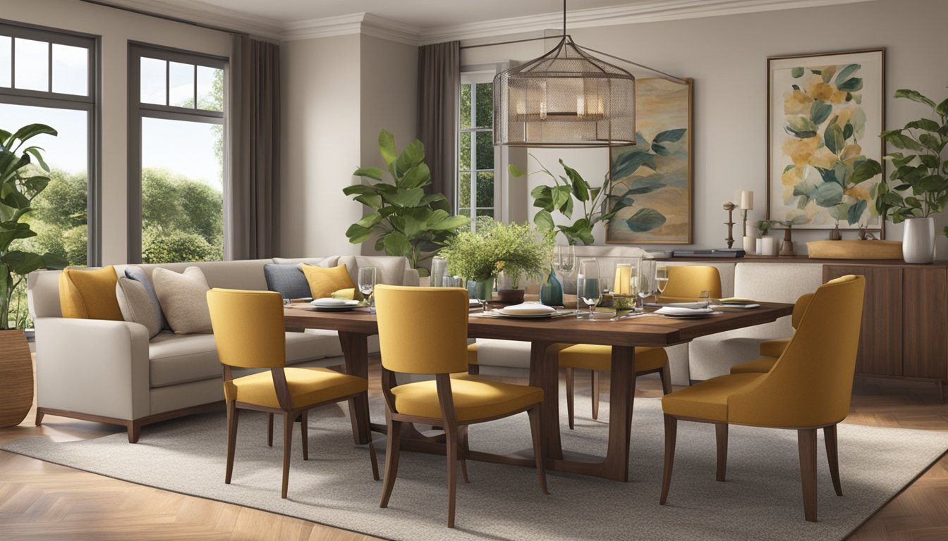 A dining table at sofa height, surrounded by comfortable seating, with a warm and inviting ambiance