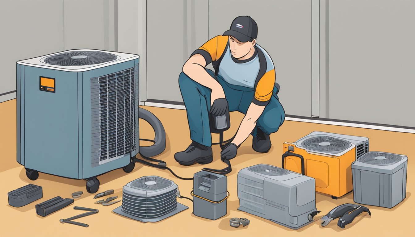 A technician servicing a portable air conditioner unit with tools and equipment spread out on the floor