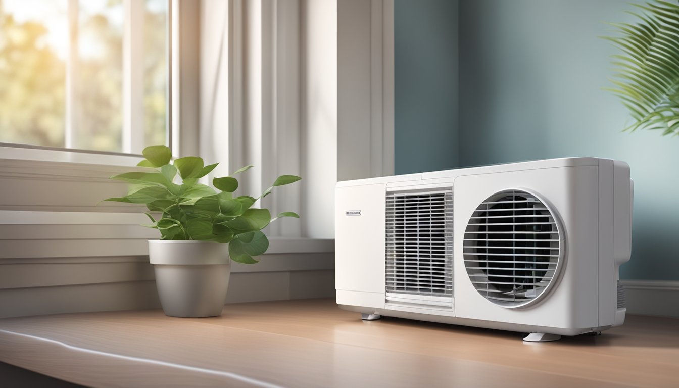 A portable air conditioner sits on a window sill, expelling hot air through a vent. The unit is compact with adjustable fan speeds and a digital display