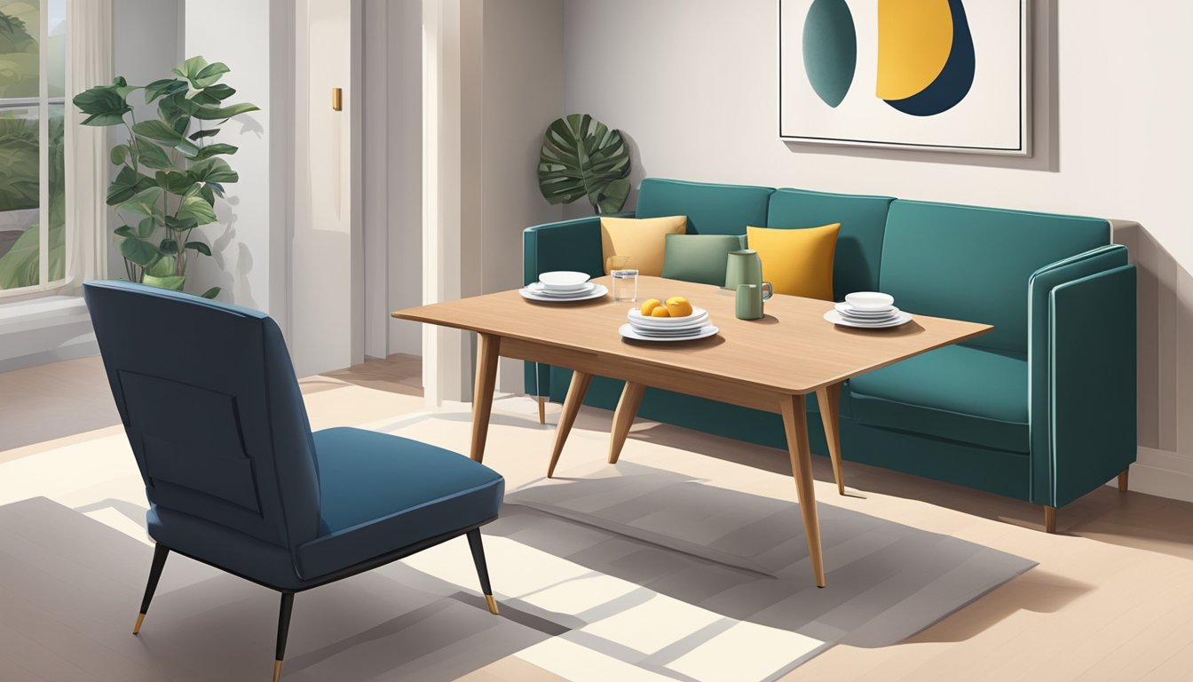 A dining table and a sofa, with the sofa slightly taller than the table. The two pieces of furniture are positioned in a way that suggests they are frequently asked about in relation to their height