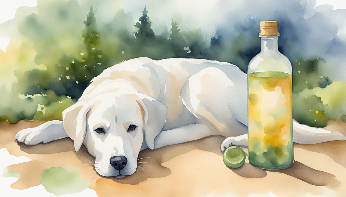 A serene dog lying peacefully with a bottle of calming supplement beside them, surrounded by a tranquil environment