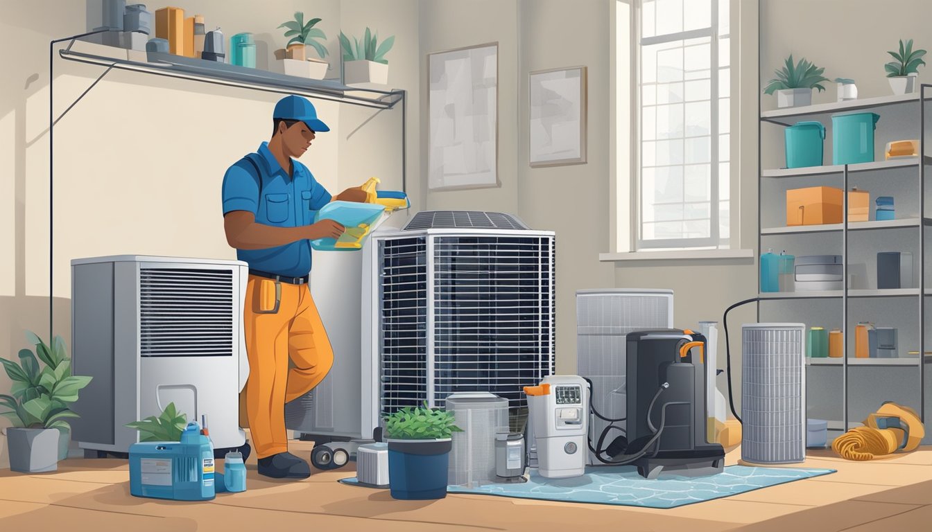 A technician servicing a portable air conditioner, inspecting filters and cleaning coils. Tools and equipment scattered around the unit