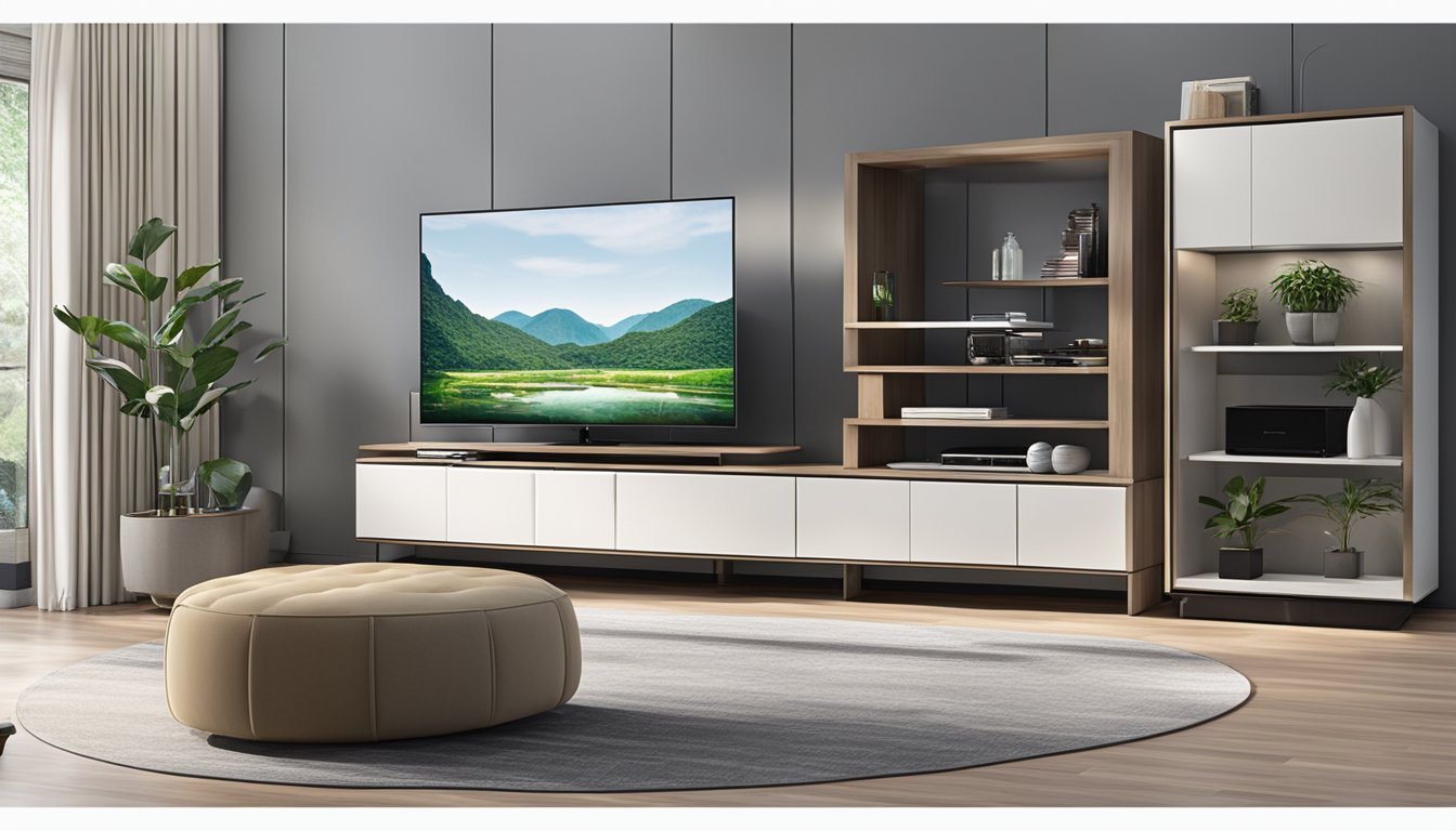 A modern furniture store in Singapore displays a variety of TV stands in different styles and sizes, with sleek designs and functional features