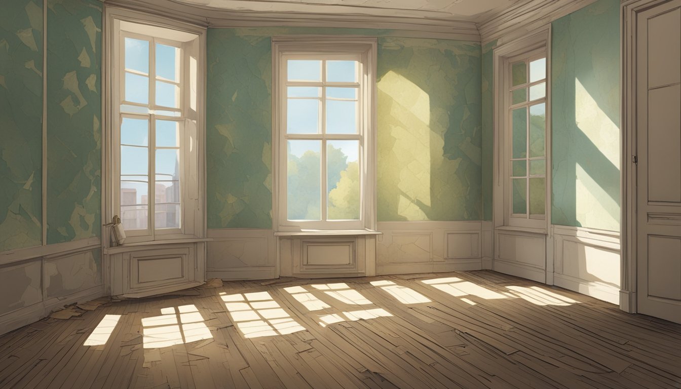 An empty, worn-down flat with peeling wallpaper and creaky floorboards. Sunlight streams through the dusty windows, casting shadows on the cracked walls. A sense of potential and transformation lingers in the air