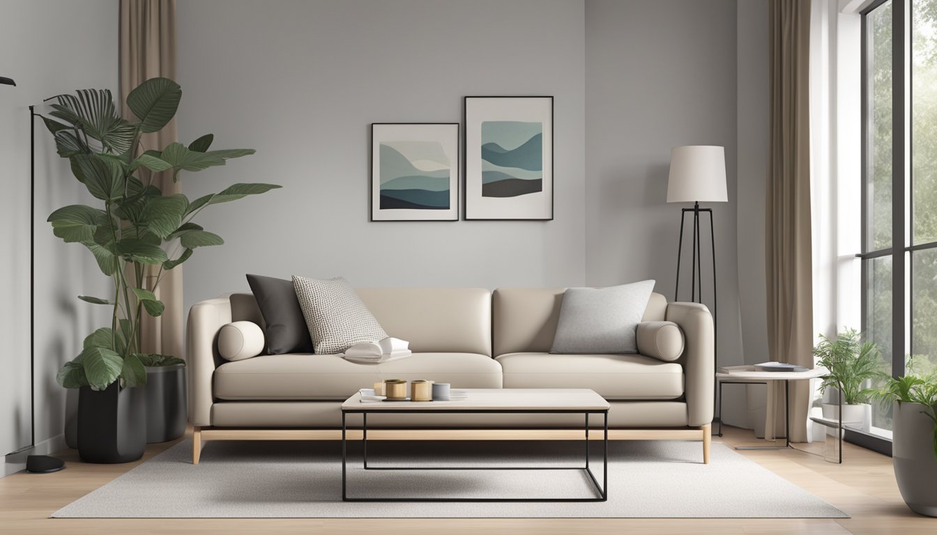 A modern latex sofa bed in a minimalist living room with clean lines and neutral tones