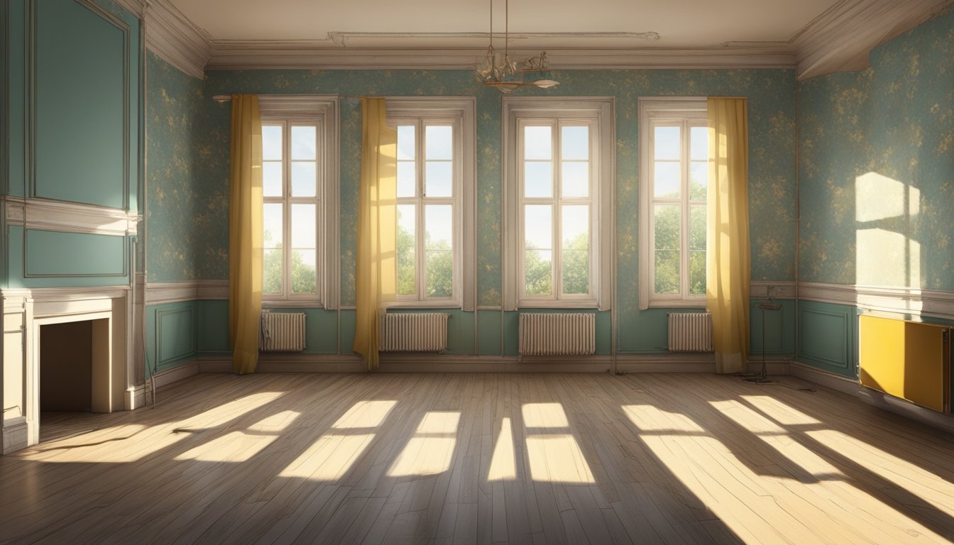 An old flat with peeling wallpaper, worn-out flooring, and dated fixtures. Bright light streams in through the windows, highlighting the potential for modernization and transformation