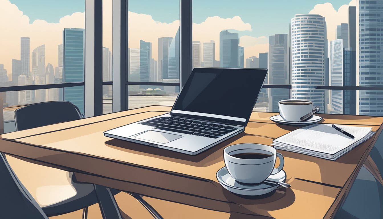 A desk with a laptop, a stack of resumes, and a cup of coffee. A Singapore skyline in the background