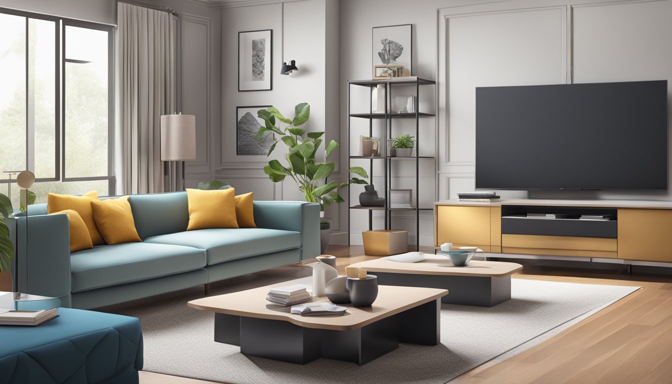 A modern living room with a sleek TV stand, surrounded by furniture and decor