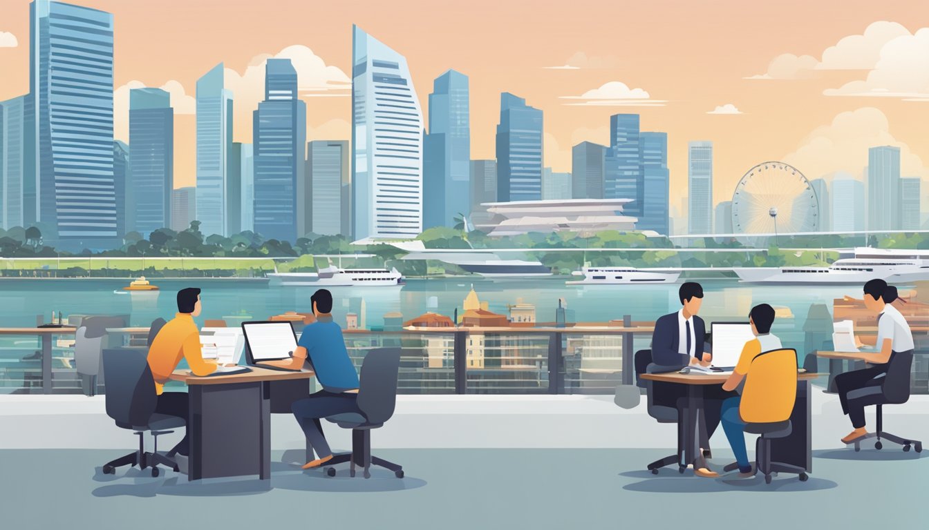 A bustling Singapore city skyline with job seekers networking and a resume being written at a desk
