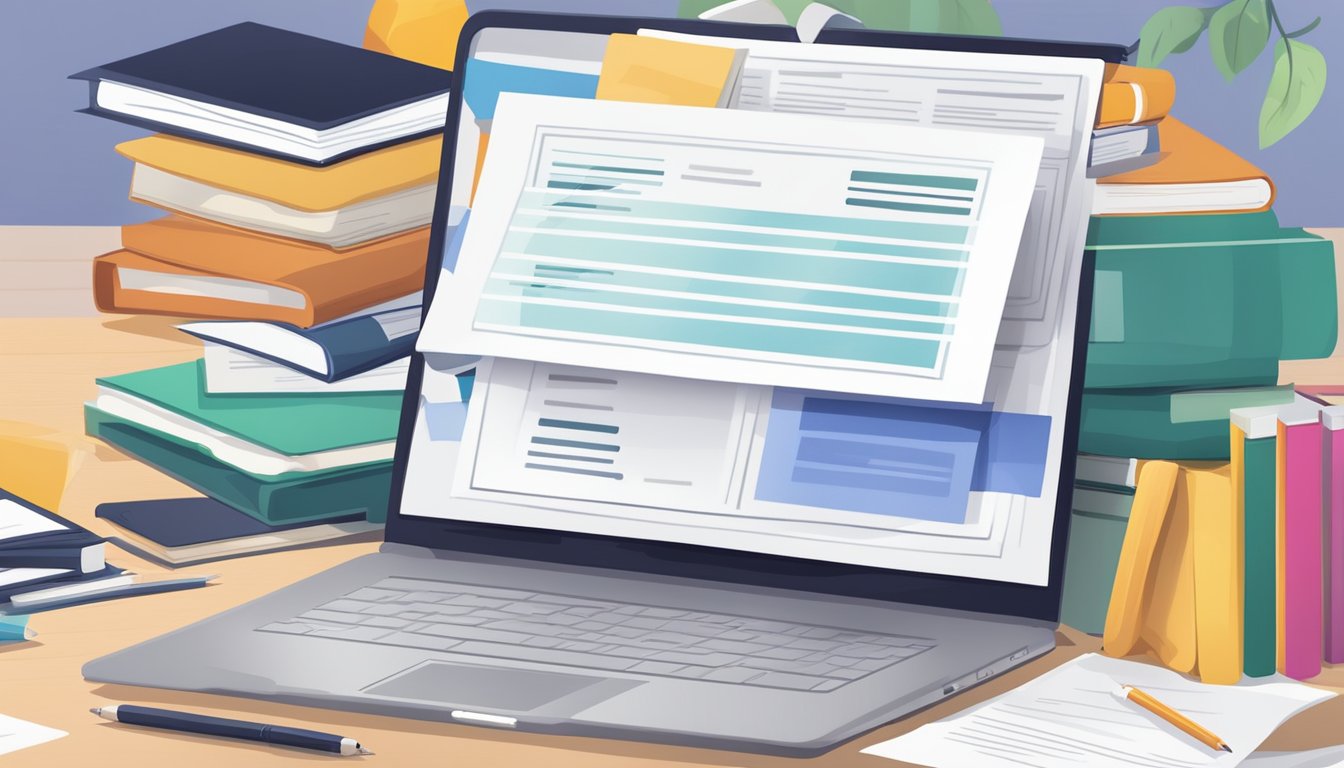 A stack of educational certificates and a laptop with a resume template on the screen, surrounded by books and study materials